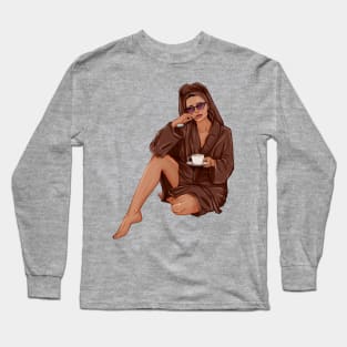 Girl in brown spa robe fashion art Long Sleeve T-Shirt